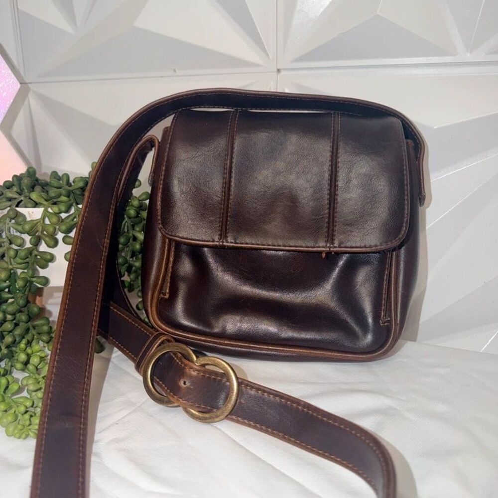 : Vintage 90s Liz Claiborne Brown Leather Crossbody Bag Flap Messenger Small